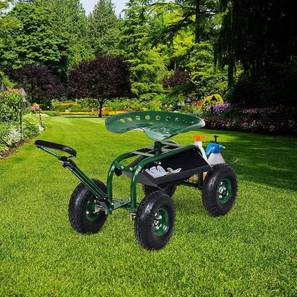 Goplus Rolling Garden Cart with Seat, Outdoor Garden Stool with Wheels, Tool Tray & Basket, Adjustable Steering Handle, 360 Degree Swivel Seat for Planting, Gardening Scooter for Lawn, Yard, Patio