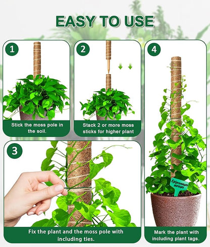 EAONE 96'' Moss Pole for Plants Indoor, 6 Pack 16” Monstera Plant Support Moss Stick for Climbing Plants, Stackable Coir Totem Pole Monstera Stakes with 12 Plant Labels & 100 Ties for Potted Plants