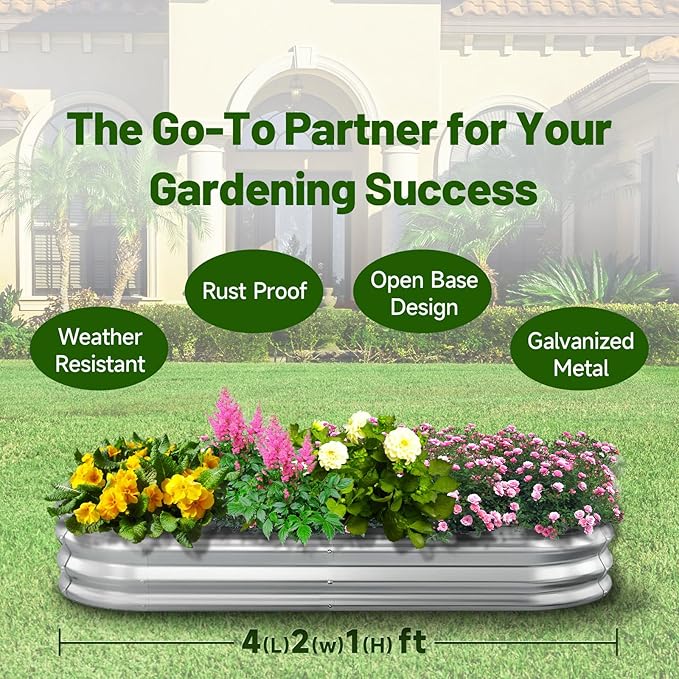 GOOZOO Galvanized Planter Raised Garden Bed, 4x2x1ft Raised Garden Bed Kit for Gardening Outdoor, Oval Metal Land Planter Box for Vegetables, Flowers, Herbs, Fruits, Easy Assembly（Silver）