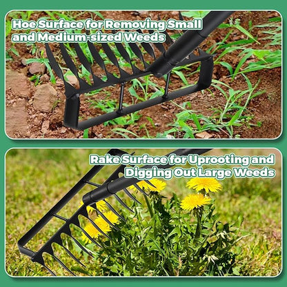 Stirrup Hoe Garden Tool Weed Puller with 76.8Inch Adjustable Stainless Steel Handle, Heavy Duty Garden Hoe and 12 Tines Rake 2 in 1 Gardening Tools Garden Cultivator for Weeding Soil Loosening, Black