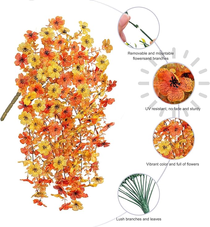 HyeFlora Artificial Flowers for Fall Outdoors Decoration, 2Pcs Fake Fall Light Orange & Yellow Hanging Flowers, Faux Autumn Decor for Porch Patio Balcony Planter, Realistic Arrangement