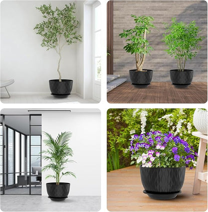10 inch Large Plant Pots, Flower Pots with Multi-Mesh Drainage Holes and Saucer, Plastic Planters for Indoor and Outdoor Garden Plants (Black, 10")