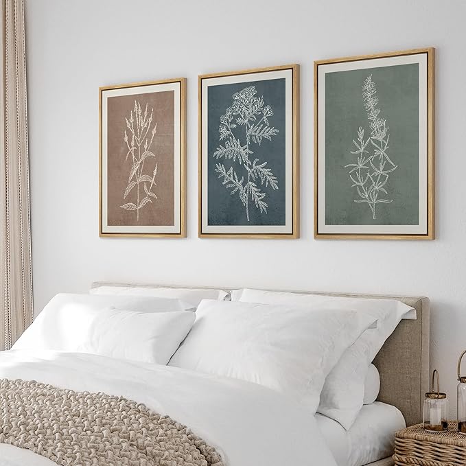 Ashbrook Framed Canvas Print Wall Art Set Duotone Forest Wildflower Farmhouse Decor Nature Wilderness Illustrations Modern Art Floral Botanical Calm/Relax/Cozy for Bedroom - 24"x36"x3 NATURAL