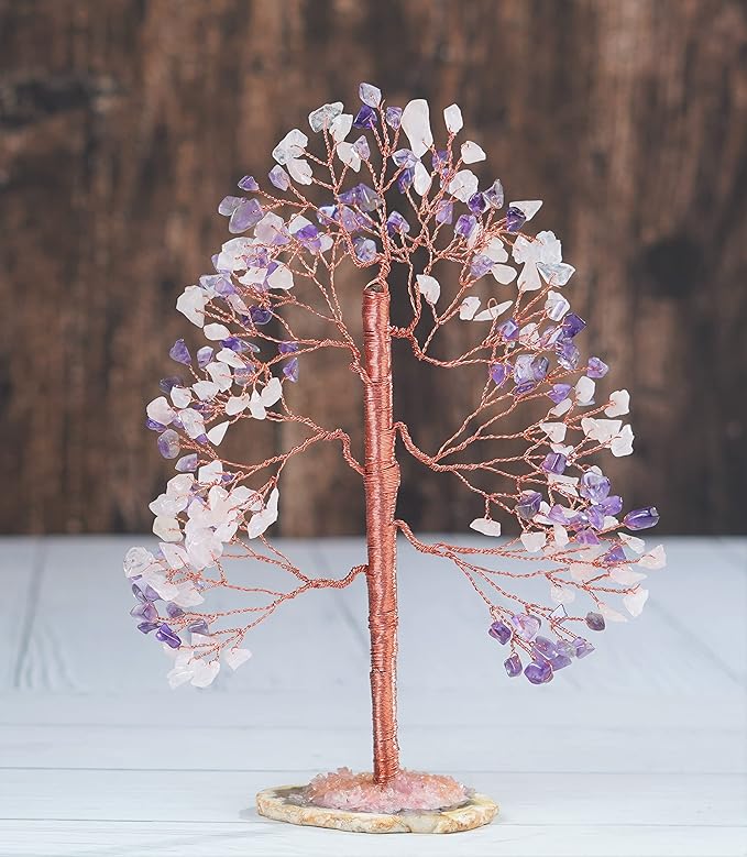 Amethyst & Rose Quartz Crystal Tree of Life - Handmade Gemstone Tree, Geode Agate Slice Base, Chakra Tree of Life, Feng Shui Tree, Money Tree, Crystal Decorations, Spiritual Gifts, Healing Crystal