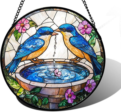 Stained Glass Window Hanging, 2 Blue Birds Suncatcher Diamond Glass Panel Hangings Bird Lover Sun Catchers Decor for Birthday for Women, Men, Wife, Aunt, and Mom 11.8x11.8 in