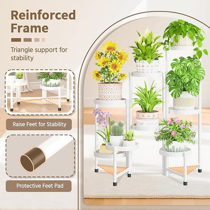 LASZOLA 8 Tiered Folding Tall Plant Stand Indoor for Multiple Large Planter, Heavy Duty Metal Adjustable Flower Rack for Narrow Corner, Sturdy Vertical Spiral Shelving Holder for Modern House, White