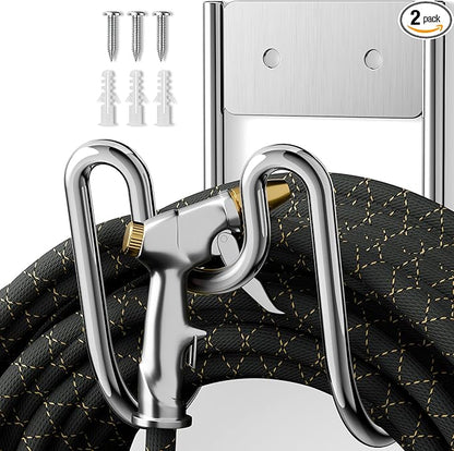 Garden Hose Holder Wall Mount - SS304 Stainless Steel Water Hose Hanger Heavy Duty Rack for Extension Cords Vacuum Hose Outside Silver (2 Pack)