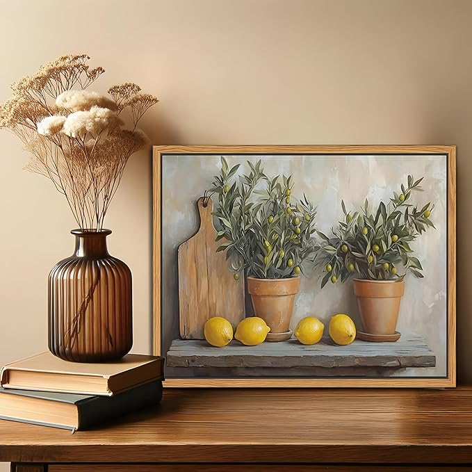 Floating Framed Vintage Kitchen Wall Art, Yellow Lemon Still Life Wall Decor Oil Paintings, Rustic Farmhouse Artwork Canvas Posters Prints Pictures for Living Room Bedroom Home Decor 16x24 Inch
