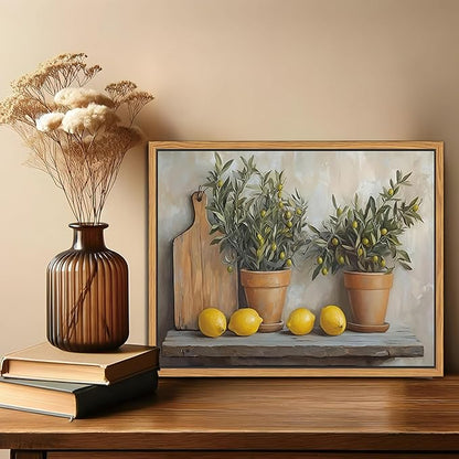 Floating Framed Vintage Kitchen Wall Art, Yellow Lemon Still Life Wall Decor Oil Paintings, Rustic Farmhouse Artwork Canvas Posters Prints Pictures for Living Room Bedroom Home Decor 16x24 Inch