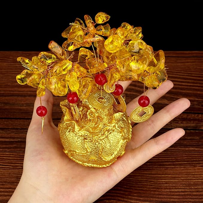 Citrine Crystal Money Tree – Feng Shui Wealth for Prosperity, Golden Money Bag Bonsai, Lucky Gemstone Tree for Home & Office