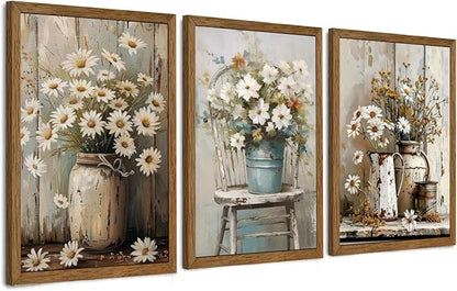 DUWQU 3 Piece Framed Elegant Farmhouse Canvas Wall Art, Vintage Floral Pictures Wall Decor, Nature Themed Daisy Art Prints for Living Room Bedroom Kitchen and Office Ready to Hang 16×24 Inches