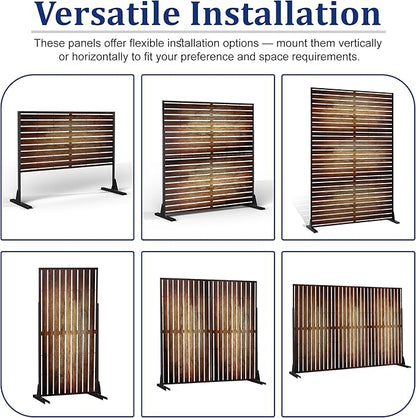FENCY Outdoor Privacy Screen, 72" H×47" W Metal Patio Privacy Screen, Freestanding Decorative for Deck Balcony Patio Vintage Wood Color