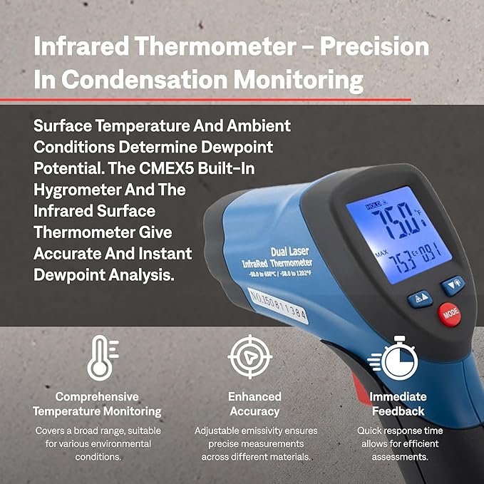 Tramex Flooring Installer Kit FINSK | CMEX5 Digital Meter, Infrared Surface Thermometer & Heavy-Duty Pin Probe | Check Concrete & Wood Moisture, Humidity, Temperature & Dew Point Pre Floor Install