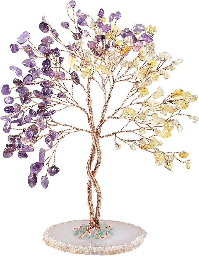 mookaitedecor Handmade Citrine & Amethyst Crystal Tree with Agate Slice Base, Bonsai Money Tree of Life for Wealth and Luck, Feng Shui Home Decor