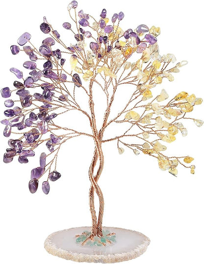 mookaitedecor Handmade Citrine & Amethyst Crystal Tree with Agate Slice Base, Bonsai Money Tree of Life for Wealth and Luck, Feng Shui Home Decor