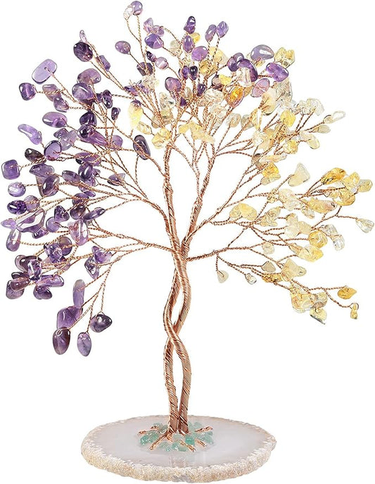 mookaitedecor Handmade Citrine & Amethyst Crystal Tree with Agate Slice Base, Bonsai Money Tree of Life for Wealth and Luck, Feng Shui Home Decor