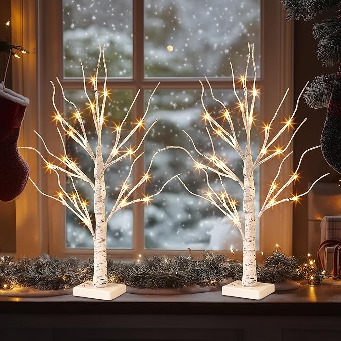 PABIPABI Christmas Decorations 2 Pack Lighted Birch Tree, Artificial Tree with 24 LED Warm White Lights Battery Powered Timer Room Decor, Tabletop Ceterpieces Trees for Home Party Wedding Decor (2FT)