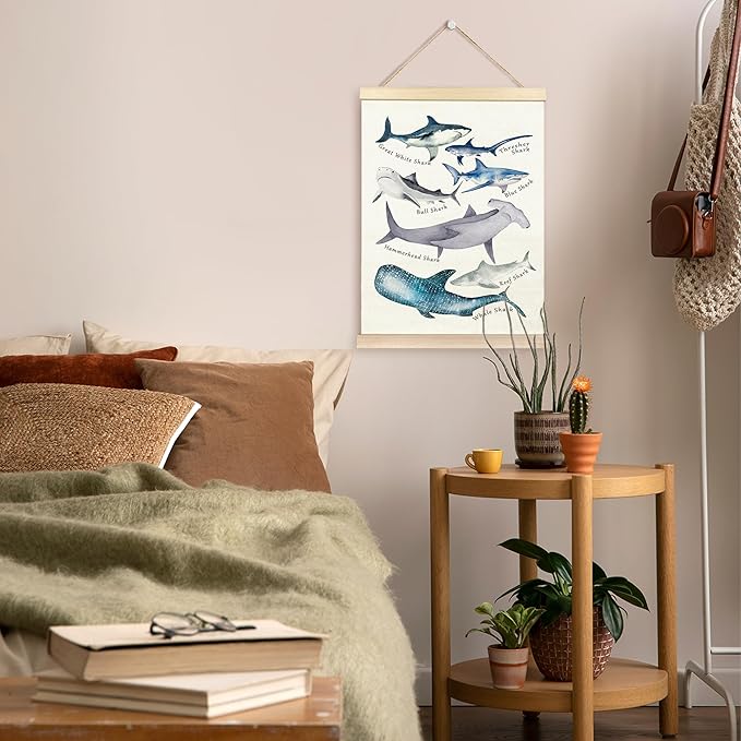 TAEDIN Watercolor Shark Ocean Animal Chart Poster Hanger Frame, Educational Shark Decor Wood Wooden Canvas Artwork Print, Sea Life Wall Painting for Home Bedroom Classroom Library Dorm Decor 12X16