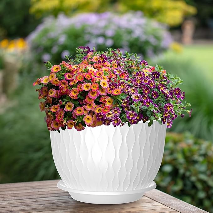 12/10/9 Inch Planter Pots, 3-Pack Large Flower Pots for Indoor Outdoor Garden Plants, Big Plant Pots with Multi Mesh Drainage Holes and Saucer (White, 12"+10"+9")