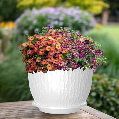 12/10/9 Inch Planter Pots, 3-Pack Large Flower Pots for Indoor Outdoor Garden Plants, Big Plant Pots with Multi Mesh Drainage Holes and Saucer (White, 12"+10"+9")