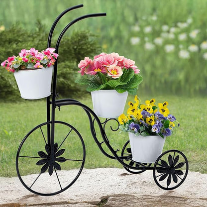 BAYN Bicycle Planter Stand, Metal Flower Pot Cart Holder Tricycle Planter with 3 Plant Bucket Outdoor Decorative for Patio, Deck, Garden or Lawn