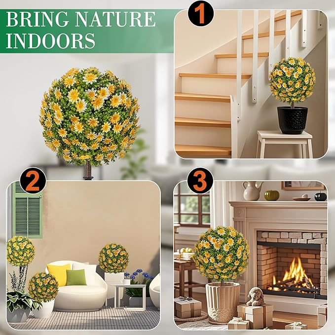 25" Artificial Topiary Ball Fall Tree with Yellow Daisy，Fake Mums Plants with Ground Spike，Set of 2 UV Resistant Faux Bushes, Fake Shrubs for Garden, Patio, Porch, Yard, Indoor