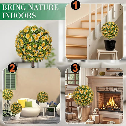 25" Artificial Topiary Ball Fall Tree with Yellow Daisy，Fake Mums Plants with Ground Spike，Set of 2 UV Resistant Faux Bushes, Fake Shrubs for Garden, Patio, Porch, Yard, Indoor