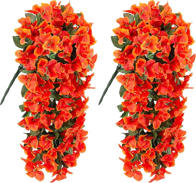 Bougainvillea Artificial Fall Hanging Flowers Plants for Outdoors Autumn Decoration, 2pcs Faux Bougainvillea Vines Orange Fake Flowers Realistic UV Resistant Silk Flowers for Outside Planter Yard Home