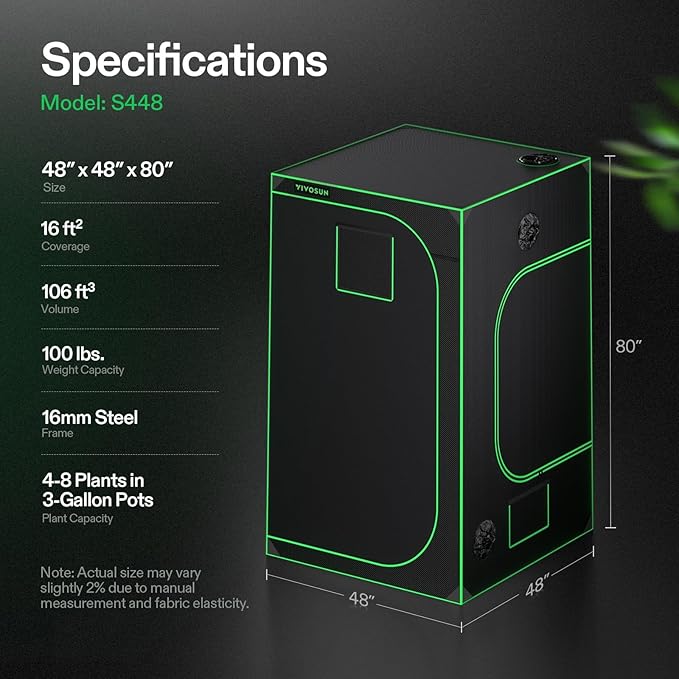 VIVOSUN S448 4x4 Grow Tent, 48"x48"x80" High Reflective Mylar with Observation Window and Floor Tray for Hydroponics Indoor Plant Tents for VS4000/VSF4300