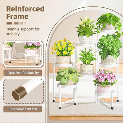 LASZOLA 7 Tiered Folding Tall Plant Stand Indoor for Multiple Large Planter, Heavy Duty Metal Adjustable Flower Rack for Narrow Corner, Sturdy Vertical Spiral Shelving Holder for Modern House, White