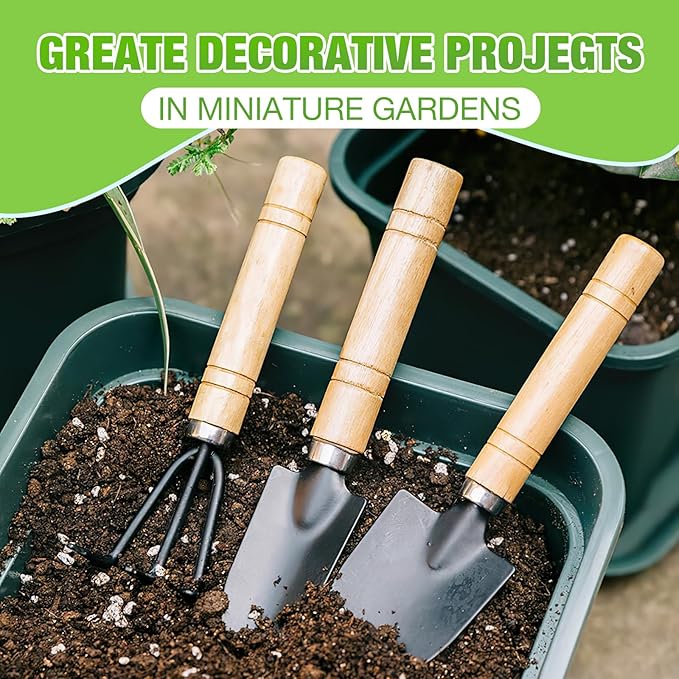 Mini Garden Tools Set, 3 Pcs Small Gardening Kit with Trowel, Shovel & Rake, Rust-Resistant Metal with Wooden Handle, Indoor Plant Tools for Succulents, Bonsai & Potted Plants