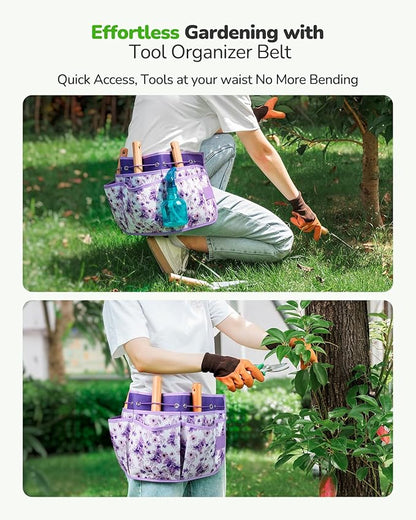 All-in-One Garden Tool Set with Tools Organizer Belt Adjustable, 10-Piece Gardening Hand Tools, Long Lasting Rust-Proof Premium Garden Tool Kit, Gardening Gift for Women Men (Purple)