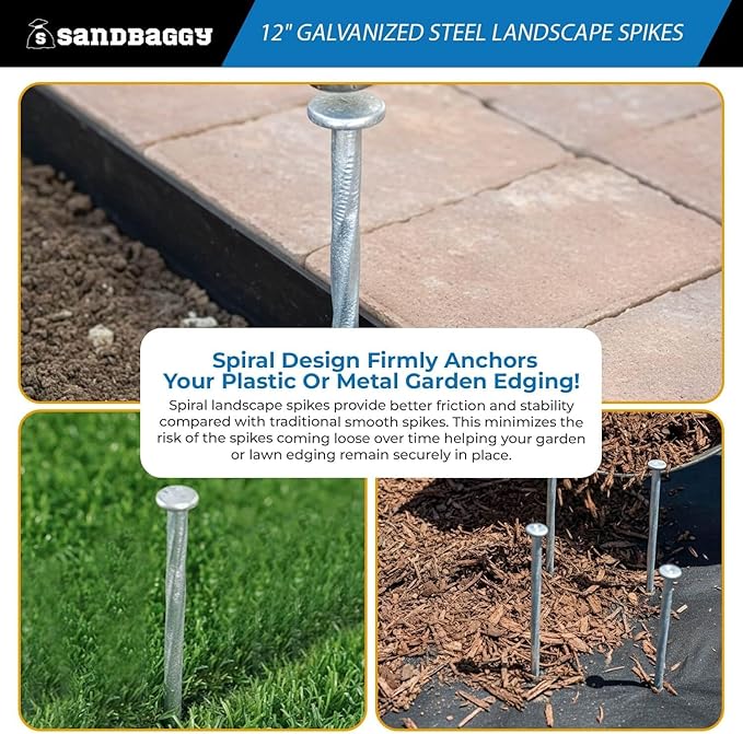 12 in. Galvanized Spiral Landscape Edging Spikes - 1 Gauge Steel - Sandbaggy (12 inch, 100, Count)