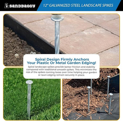 12 in. Galvanized Spiral Landscape Edging Spikes - 1 Gauge Steel - Sandbaggy (12 inch, 100, Count)