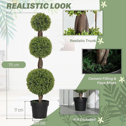 HOMCOM Artificial Plants, Set of 2 Decorative Topiary Ball-Shaped Boxwood Trees in Pots, Fake Plants for Home Indoor Outdoor Decor, 45.3 Inch, Green