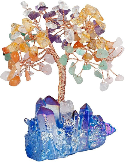 mookaitedecor Colorful Crystal Tree, Quartz Cluster Blue Titanium Crystals Base Bonsai Money Tree for Wealth and Luck
