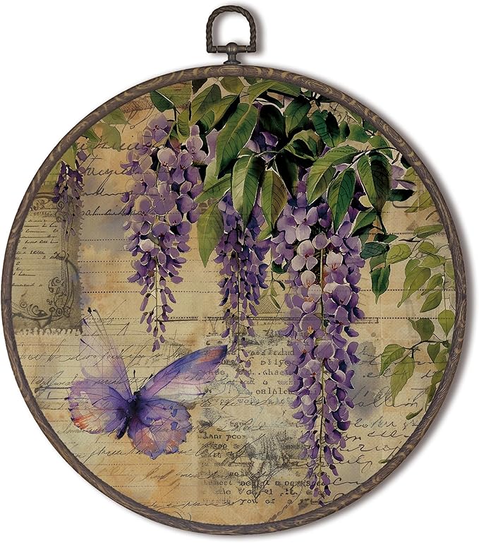 XNXLDYLH Vintage Wisteria Flower Round Framed Wall Art Decor, Purple Retro Earthy Floral Bathroom Hanging Wall Decor Decorations, Botanical Floral Canvas Prints Wall Art Pictures Paintings, 10x10 Inch