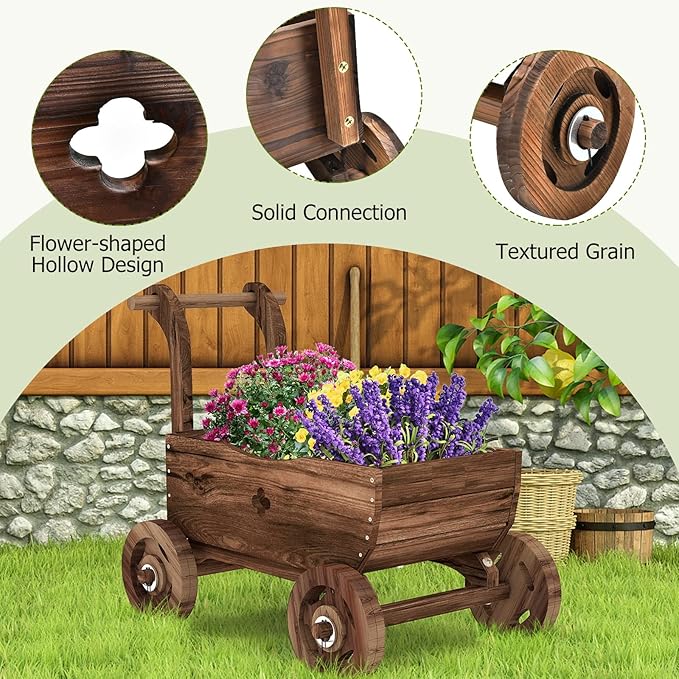 S AFSTAR Wooden Wagon Planter Box, Mobile Garden Planter with 4 Wheels, Handle, Drain Hole, Decorative Plant Wagon for Indoor & Outdoor Decor, Decorative Flower Cart for Patio, Garden, Balcony, Brown