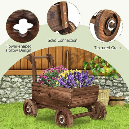 S AFSTAR Wooden Wagon Planter Box, Mobile Garden Planter with 4 Wheels, Handle, Drain Hole, Decorative Plant Wagon for Indoor & Outdoor Decor, Decorative Flower Cart for Patio, Garden, Balcony, Brown