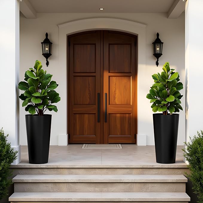 Set of 2 Tall Planters 22", Large Planters for Outdoor Indoor Plant Pots with Wire Drawing Process, Containers Large Decorative Tree Planter Front Porch Patio, Black