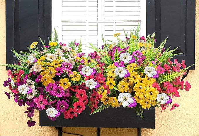 Artificial Flowers for Outdoors, 16 Bundles Artificial Plants Outdoor Fake Flowers UV Resistant, Outdoor Fake Plants Faux Silk Flowers for Porch Outside Planter Window Box Garden