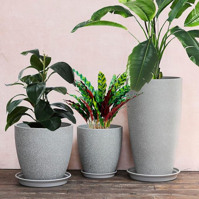 Tall Plant Pots Cement Grey Finish Unbreakable Flower Pot with Drainage Holes&Tray 11+12+21Inch H Planters For Garden Patio Indoor Outdoor Plants Modern Décor for Tall Plants Gift For Plant Lovers