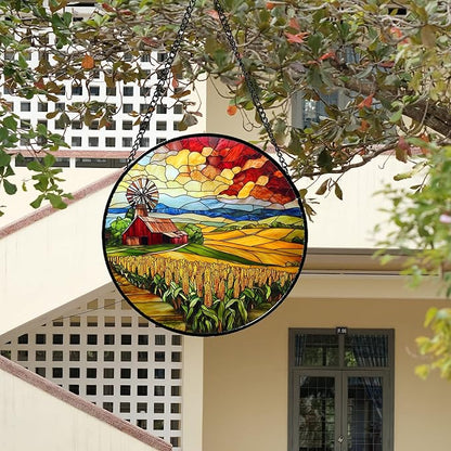 Stained Glass Window Hanging Autumn Farm Corn Harvest Landscape 9.8" - Suncatcher Garden Door Sun Catcher Home Decor Birthday Christmas for Woman Mom Friend Men Nana