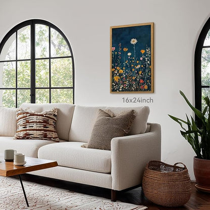 CAZLOUC Vintage Wildflower Wall Art, Colorful Botanical Flower Wall Decor, Rustic Dark Blue Floral Canvas Painting, Classic Minimalist Poster Print for Bedroom Office Wood Framed 16x24 Inch