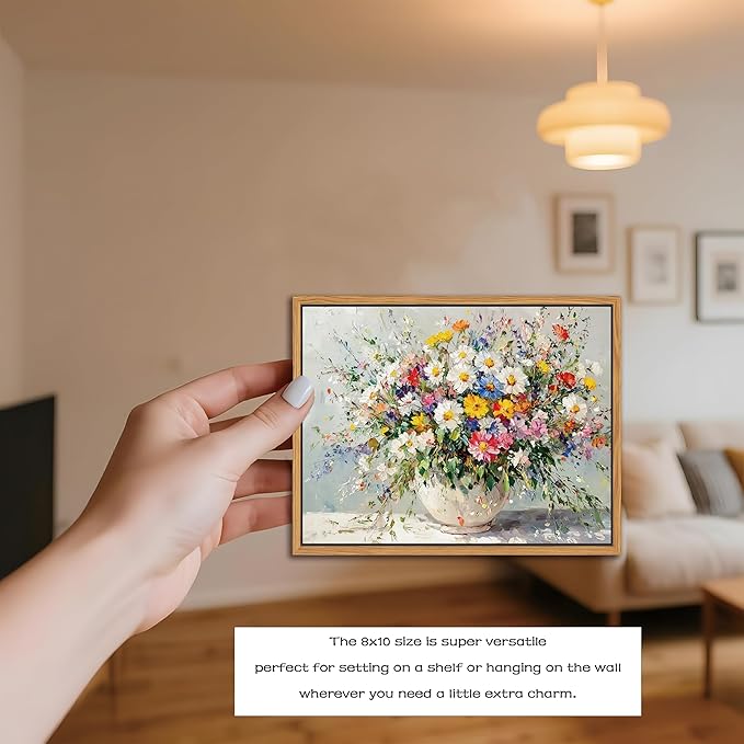 Floating Frame Canvas Wall Art, Vintage Watercolor Floral Pictures Wall Decor, Country Farmhouse Colorful Wildflower Poster Prints for Living Room Bathroom Dining Room Decor 8x10 inch
