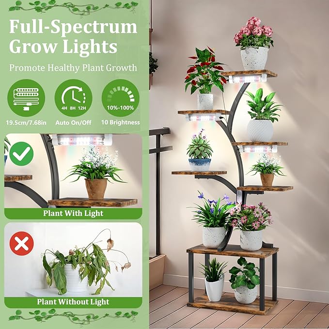 plant stand with lights for indoor plants, 7 Tiered Indoor Plant Shelf, 60" Corner Plant Stand with grow light, Metal tall Plant Flower Display Shelves, Tree-Shaped Plant Rack for Home, Patio, Black