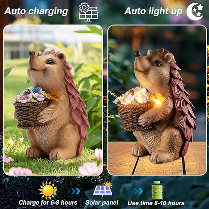 Solar Hedgehog Garden Statues Outdoor with Solar Lantern – Hedgehog Yard Decor, Waterproof Resin Figurine Pathway Light for Lawn & Patio