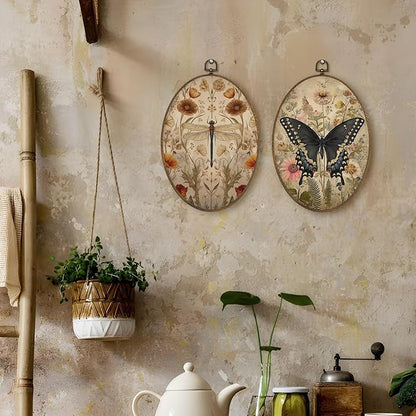 LKETW Vintage Floral Dragonfly Butterfly Oval Wall Art Decor, Farmhouse Nature Oval Canvas Hanging Decor, Rustic Wildflower Insect Wall Decorations for Home Living Room Bedroom, 8.6x11.4 Inch Set of 2