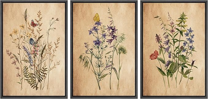 Ashbrook Framed Canvas Print Wall Art Set Vintage Wildflower Bouquet Nature Wilderness Illustrations Modern Art Decorative Floral Botanical Minimal Calm/Relax/Cozy for Bedroom - 24"x36"x3 BLACK