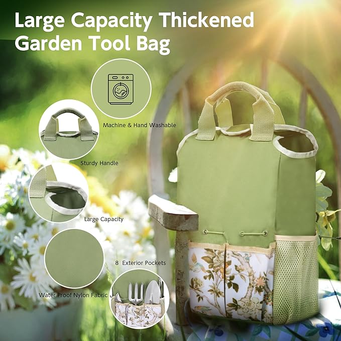 Gardening Tool Set 10 Pieces, Heavy Duty Stainless Steel Garden Tool Set Hand Tools with Roomy Lightweight Floral Tote Bag, Rust-Proof Garden Tools for Gardening, Ideal Gardening Gifts for Women Mom